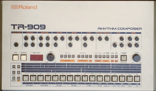 Front panel of a Roland TR-909 drum machine with step buttons and tempo knob