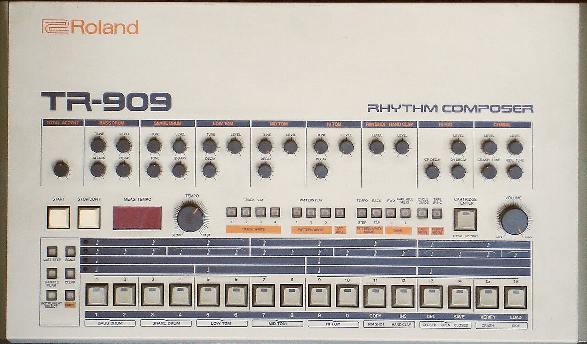 Front panel of a Roland TR-909 drum machine with step buttons and tempo knob