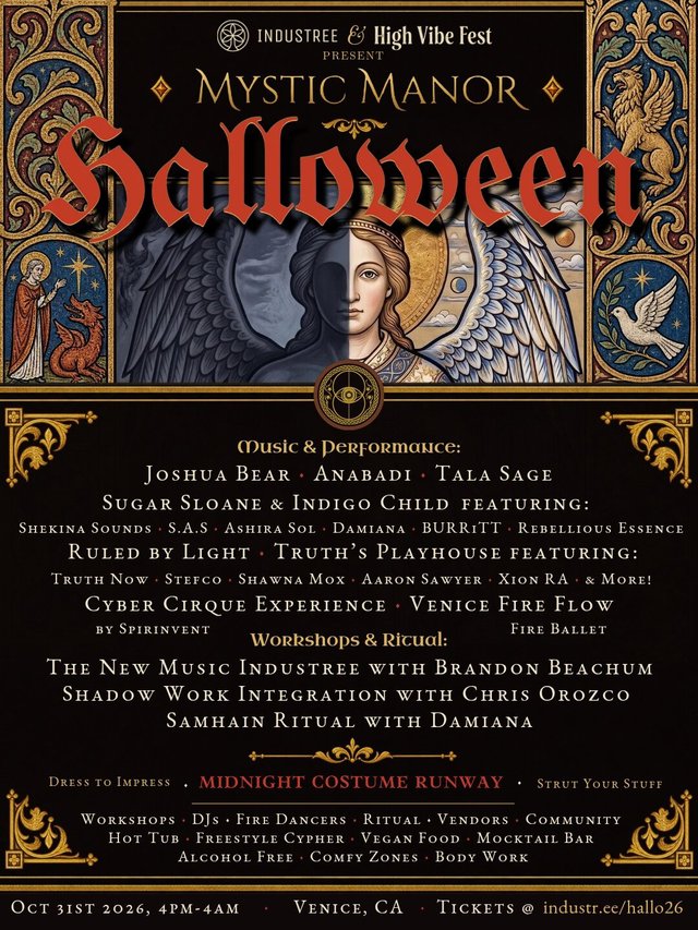Illustrated event flyer in a medieval manuscript style with a half-dark, half-light winged figure and the lineup listed below