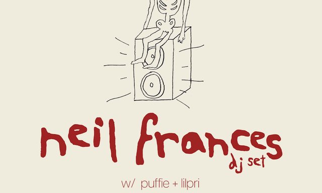 Hand-drawn skeleton sitting on a speaker above red lettering reading neil frances dj set, with Puffie and Lilpri listed below