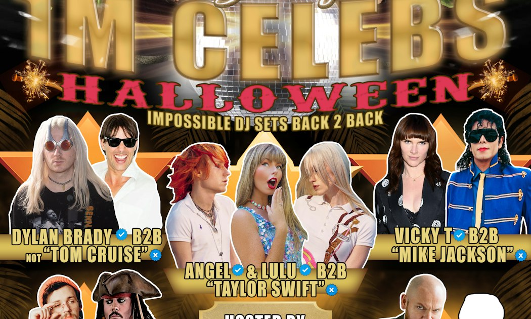 Gold and red Halloween flyer for Night Of 1M Celebs showing back-to-back DJ pairings in costume
