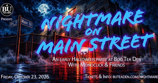 Event poster showing a moonlit brick warehouse behind a chain-link fence, a Main St street sign and the words Nightmare on Main Street