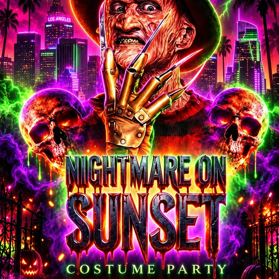 Neon horror-movie flyer with a clawed glove, glowing skulls and a purple Los Angeles skyline above the title Nightmare on Sunset Costume Party