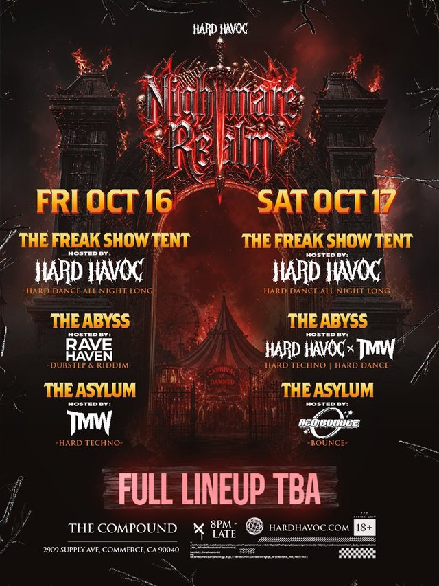 Nightmare Realm flyer showing flaming gothic gates over a dark carnival tent, with stage listings for Friday October 16 and Saturday October 17