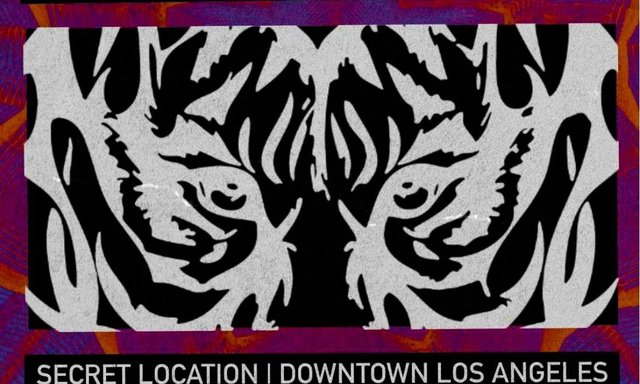 Event flyer with a black and white tiger-eyes graphic on a purple and orange textured background and the words Secret Location, Downtown Los Angeles