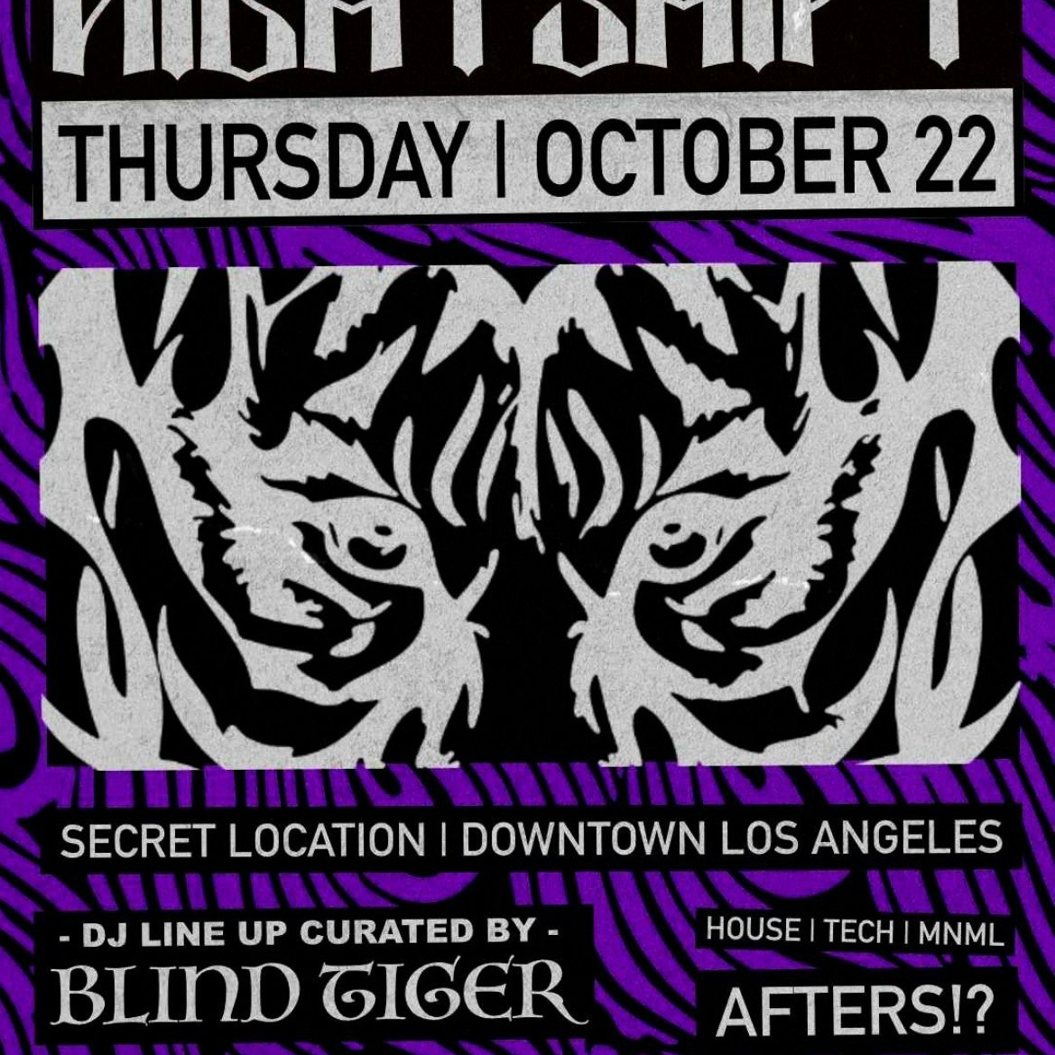 Purple and white event flyer with a pair of tiger eyes, listing Thursday October 22, a secret downtown Los Angeles location and a lineup curated by Blind Tiger