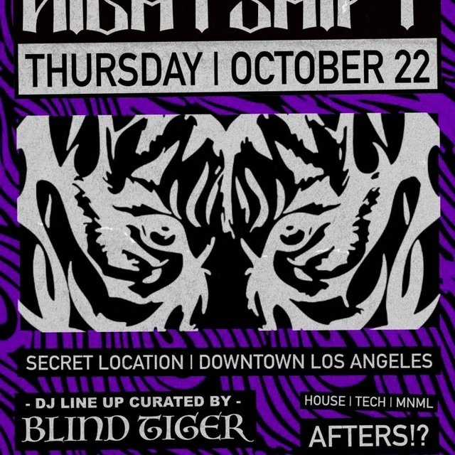 Purple and white event flyer with a pair of tiger eyes, listing Thursday October 22, a secret downtown Los Angeles location and a lineup curated by Blind Tiger