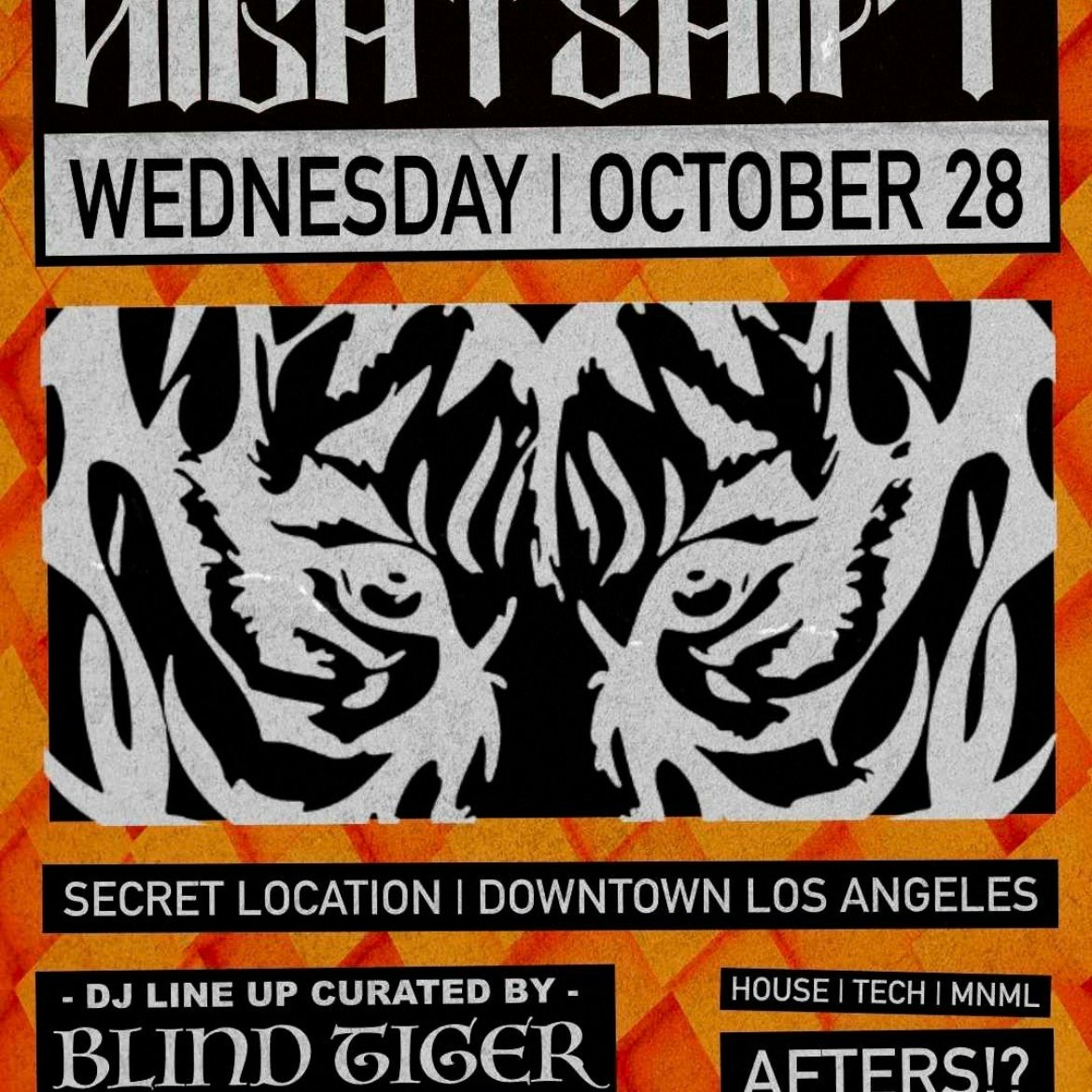 Orange and black event flyer with a pair of tiger eyes, listing Wednesday October 28, a secret downtown Los Angeles location and a lineup curated by Blind Tiger