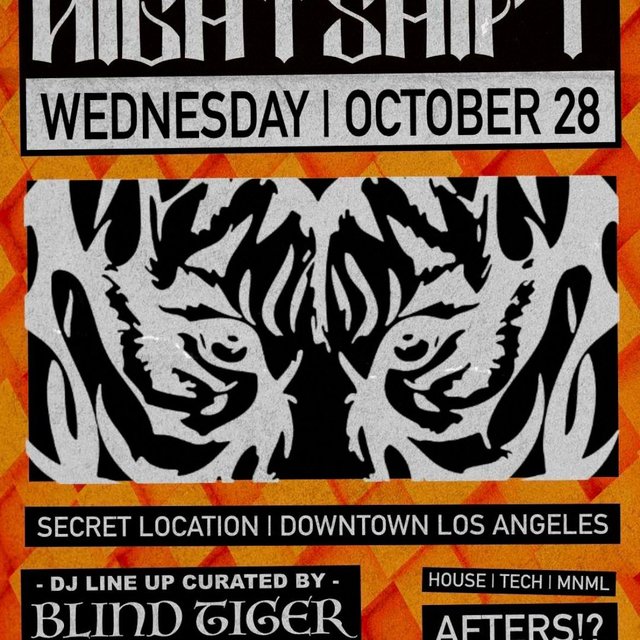 Orange and black event flyer with a pair of tiger eyes, listing Wednesday October 28, a secret downtown Los Angeles location and a lineup curated by Blind Tiger