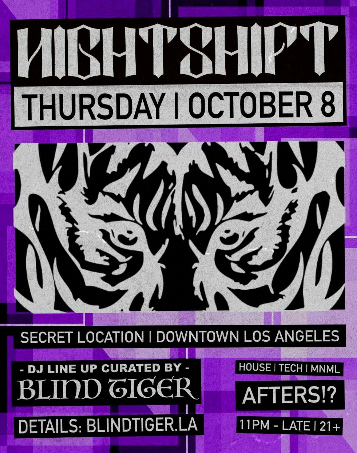 Black and white tiger-eye graphic on a purple background, the Nightshift flyer for Thursday, October 8 in downtown Los Angeles
