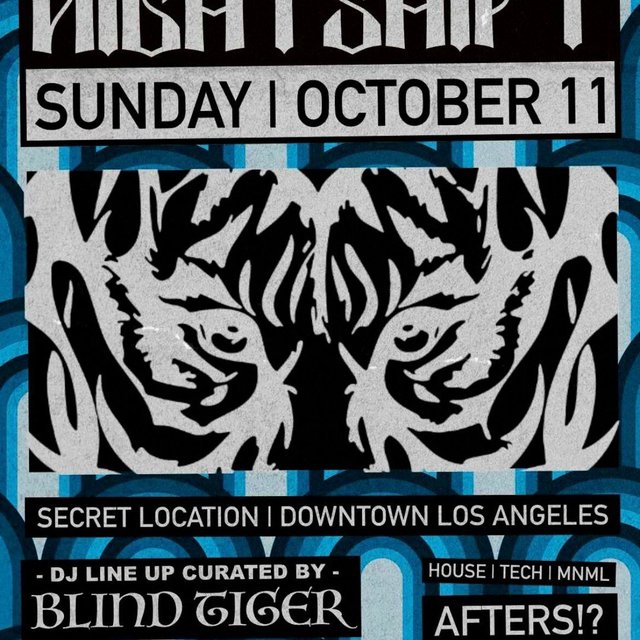 Event flyer with a black-and-white tiger face on a blue striped background, listing Sunday, October 11 in Downtown Los Angeles