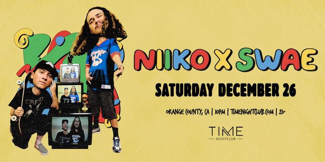 Event flyer for NIIKO x SWAE at Time Nightclub, showing the two artists beside stacked retro TVs on a yellow background