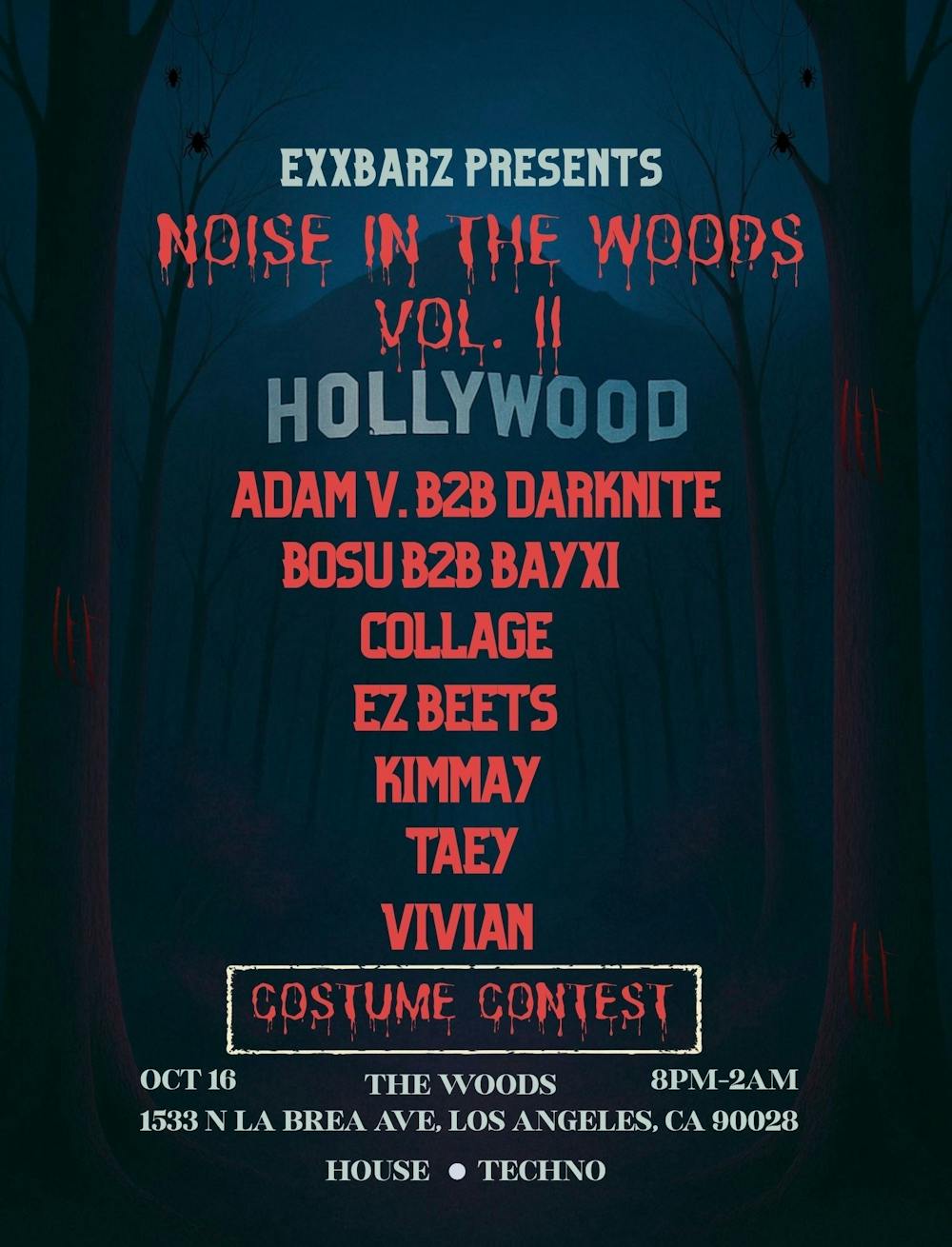 Dark forest flyer with dripping red lettering reading Noise In The Woods Vol. II, the Hollywood sign and the lineup list