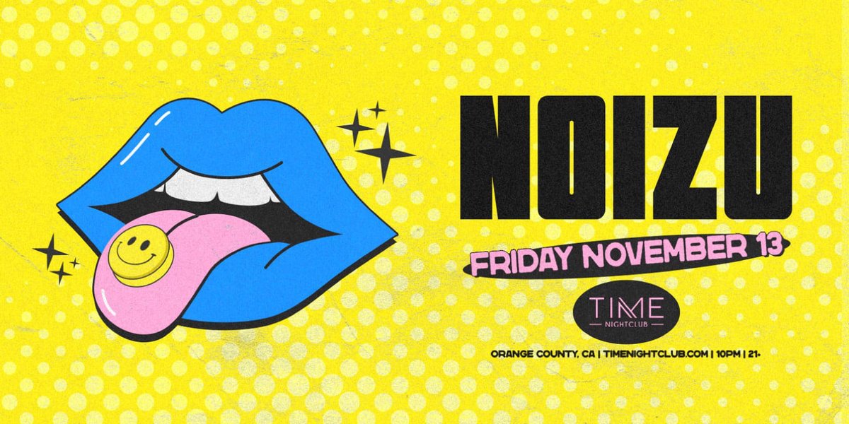Yellow halftone event flyer with a blue-lipped mouth and the name Noizu in large black letters
