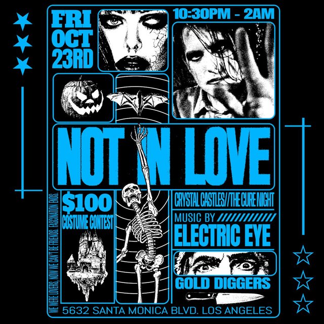 Blue and white event flyer for Not In Love at Gold Diggers, with a skeleton, a jack-o'-lantern and black-and-white portraits on a black background