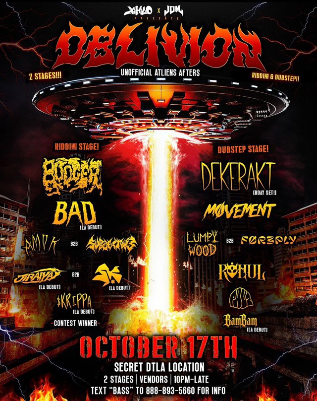Red and black event flyer with a UFO beaming down on a ruined city, listing a riddim stage and a dubstep stage lineup for October 17th