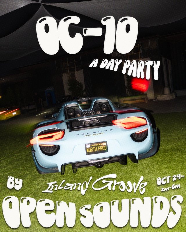 Event flyer showing the rear of a light blue sports car on a lawn at night under the words Oc-10 A Day Party by Inland Groove and Open Sounds