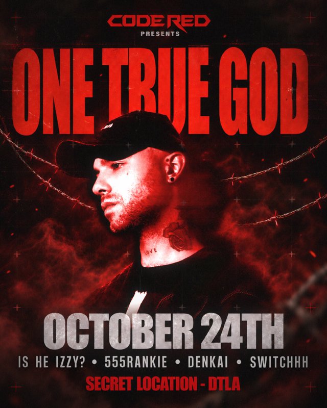 Red and black event flyer showing a man in a black cap in profile behind barbed wire, with the words One True God and the supporting lineup