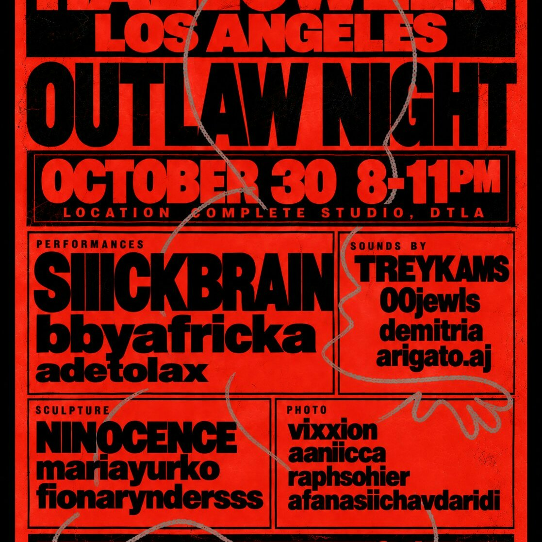 Red and black poster reading Outlaw Night, October 30, Complete Studio DTLA, with performer, sound, sculpture and photo credits listed in boxes