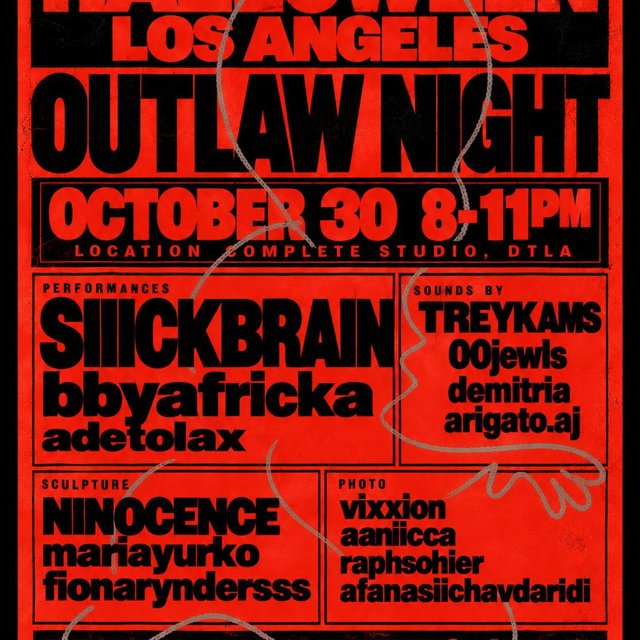 Red and black poster reading Outlaw Night, October 30, Complete Studio DTLA, with performer, sound, sculpture and photo credits listed in boxes