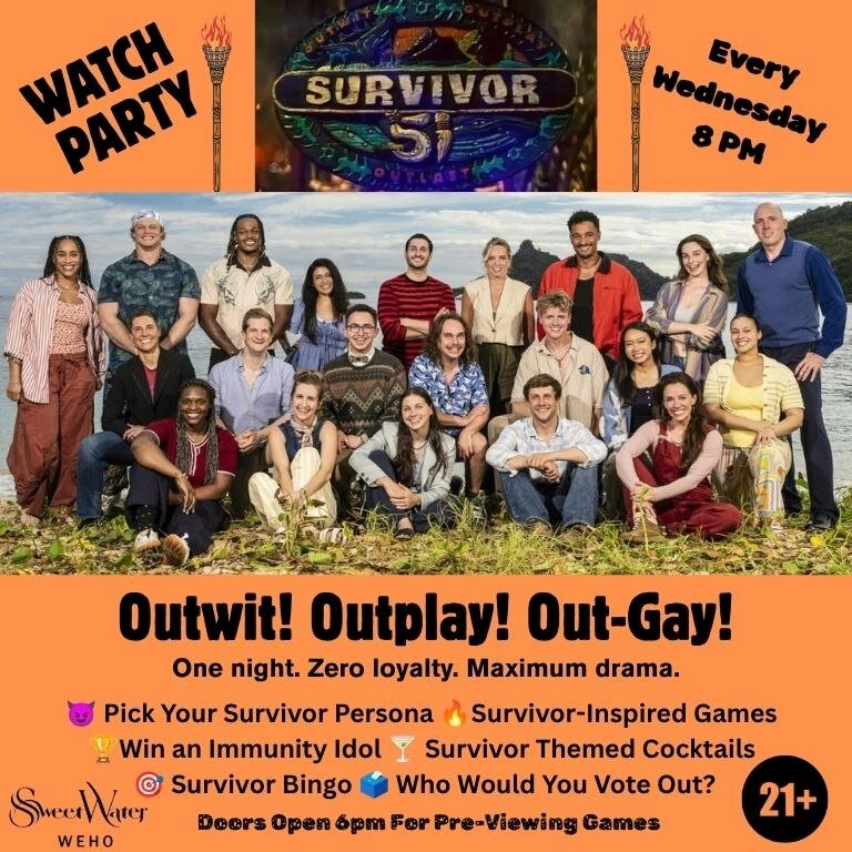 Event flyer with the Survivor logo, a group photo of the cast on a beach and a list of games, bingo and themed cocktails