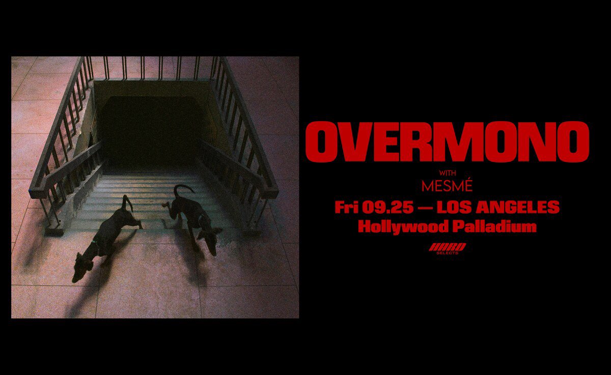 Tour flyer for Overmono with Mesmé at the Hollywood Palladium on Friday, September 25, showing two dogs on a stairwell in red light