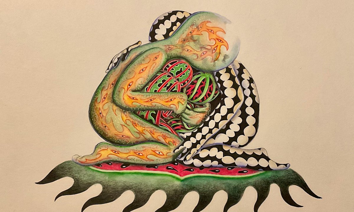 Hand-drawn illustration of a curled figure surrounded by patterned plants, used as the event art