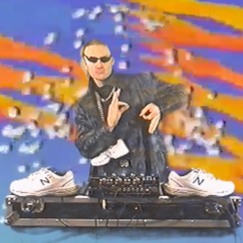 Partiboi69 in sunglasses and a fur jacket standing over a mixer with sneakers propped on the decks