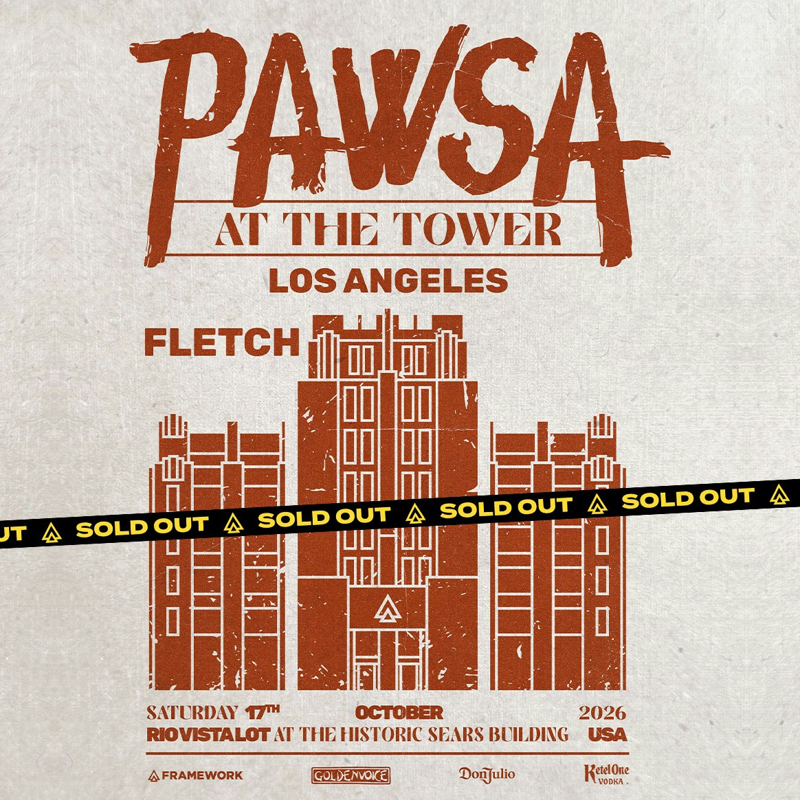 Rust-red poster for Pawsa at the Tower in Los Angeles, listing Fletch and an illustrated tower with a sold out banner