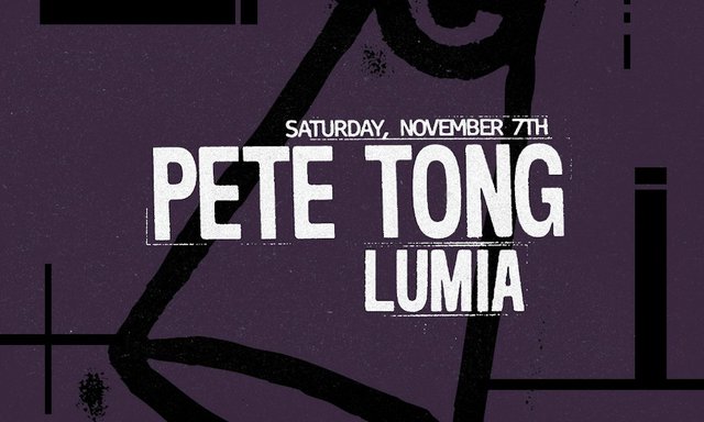 Purple event flyer reading Pete Tong, Saturday November 7th, with Lumia listed below