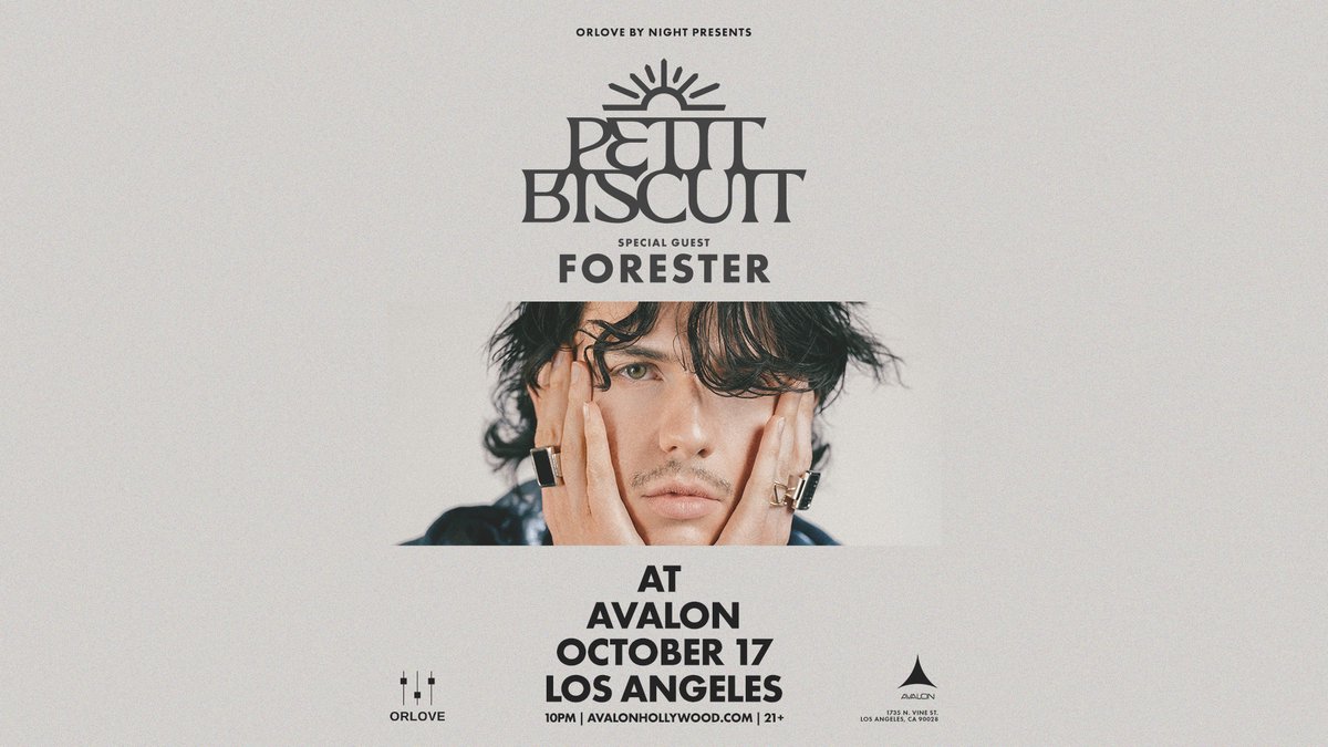 Event flyer for Petit Biscuit with special guest Forester at Avalon on October 17, showing the artist with dark curly hair resting his face in his ringed hands against a pale grey background