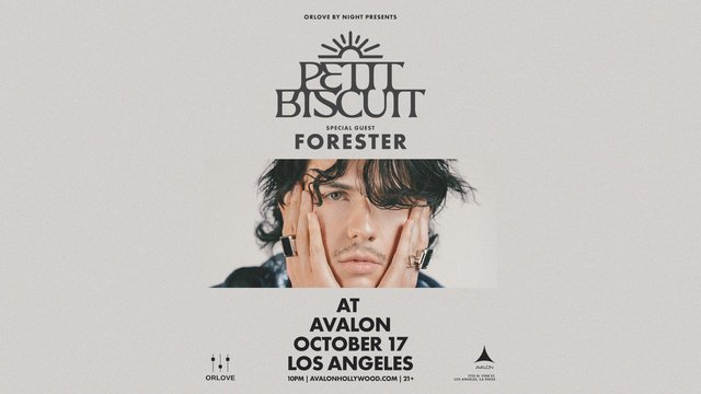 Event flyer for Petit Biscuit with special guest Forester at Avalon on October 17, showing the artist with dark curly hair resting his face in his ringed hands against a pale grey background