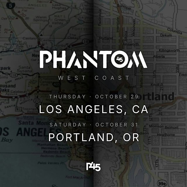 Event poster reading Phantom 45 West Coast, Thursday October 29 Los Angeles, over a faded road map