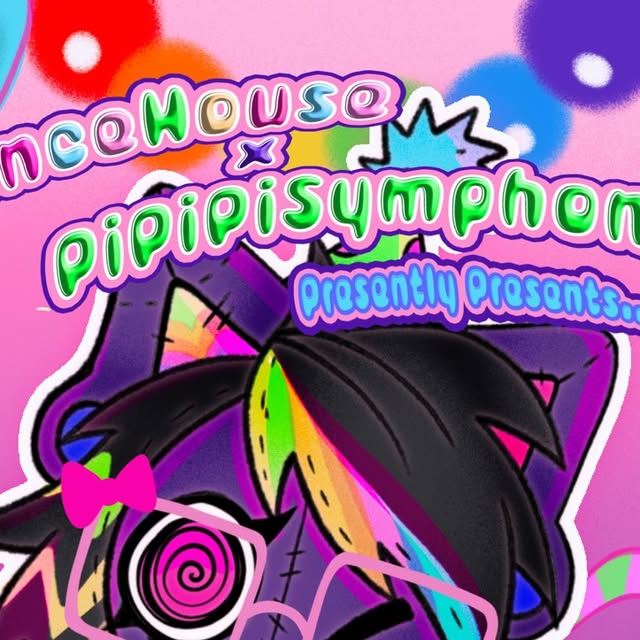 Pink flyer art with rainbow bubble lettering reading Bouncehouse x Pipipi Symphony Presently Presents above a purple plush character with spiral glasses