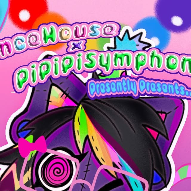 Pink flyer art with rainbow bubble lettering reading Bouncehouse x Pipipi Symphony Presently Presents above a purple plush character with spiral glasses