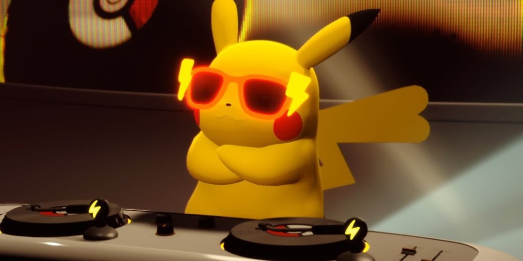 Animated Pikachu wearing red sunglasses and spinning turntables for the Pokemon Night Out event