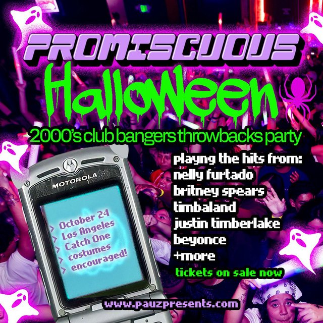 Event flyer with purple and green Halloween lettering, ghosts and a flip phone over a crowd with glow sticks