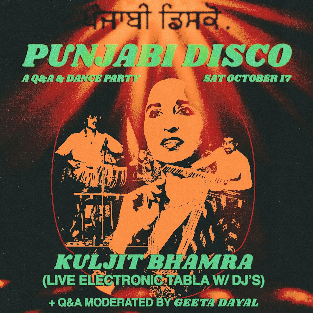 Orange and green poster for Punjabi Disco showing a tabla player, a vocalist and a keyboardist under red stage beams