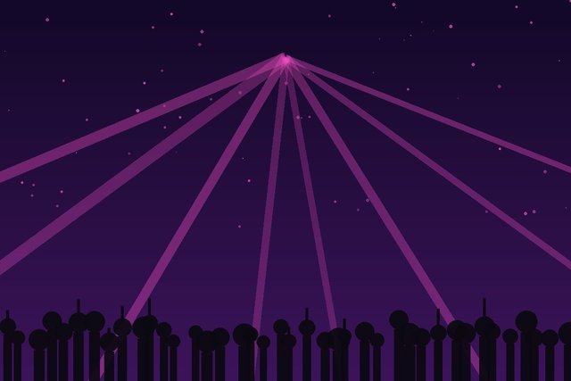 Violet laser beams fanning out above a rave crowd