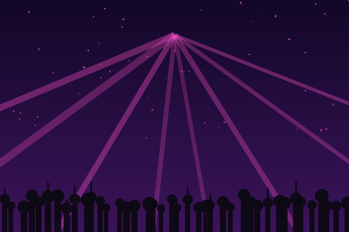 Violet laser beams fanning out above a rave crowd