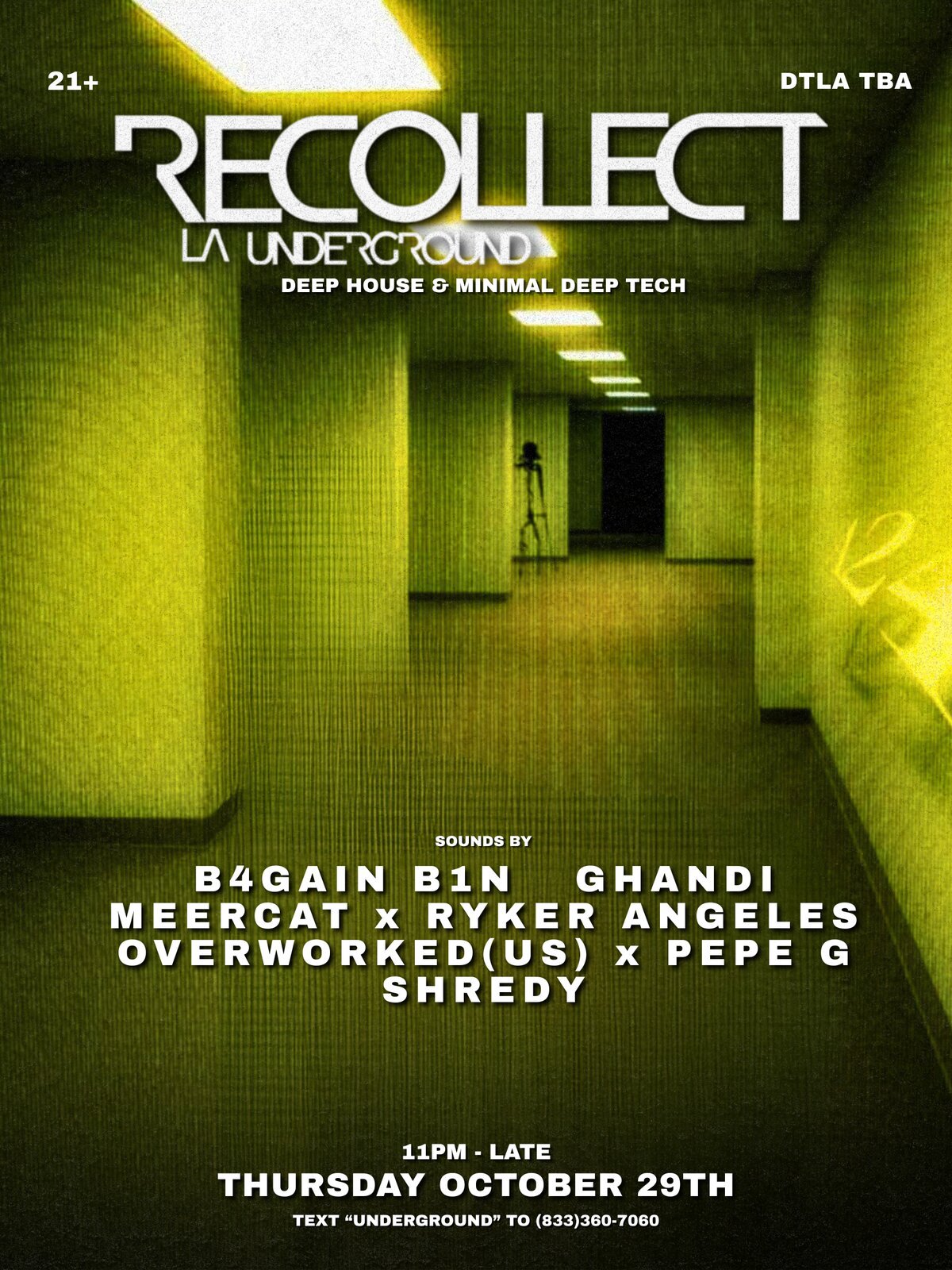 Event flyer for Recollect LA Underground showing a glowing yellow-green hallway with the lineup listed below