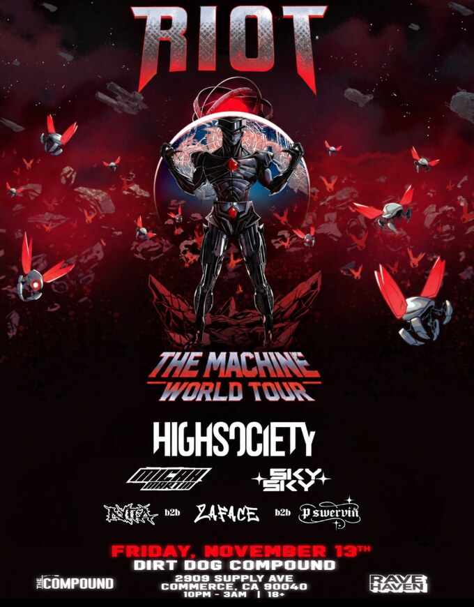 RIOT The Machine World Tour flyer with a black armored robot, red flying drones and the Dirt Dog Compound date