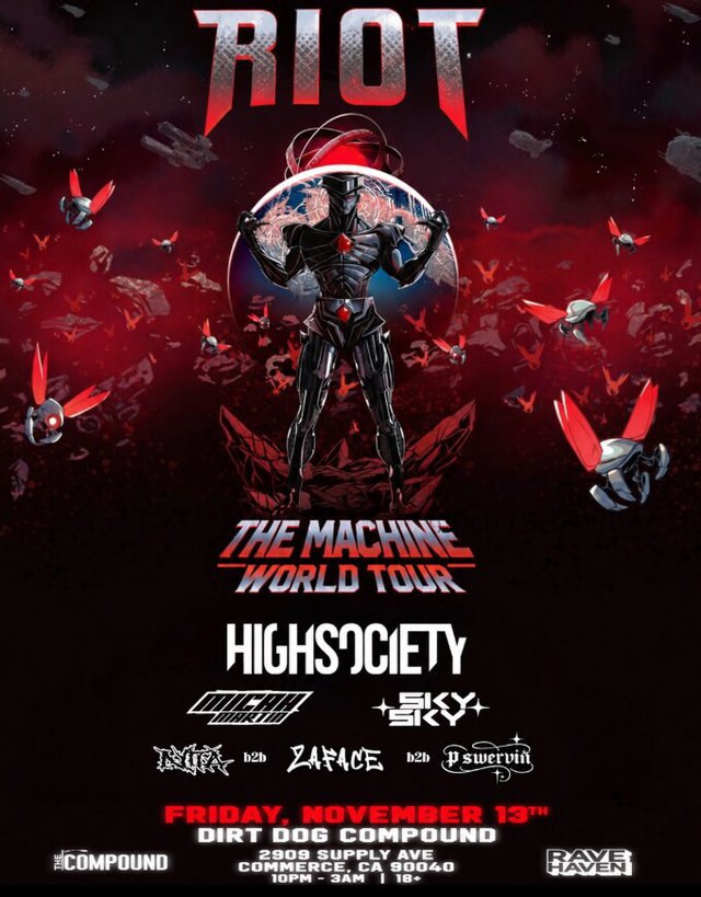 RIOT The Machine World Tour flyer with a black armored robot, red flying drones and the Dirt Dog Compound date
