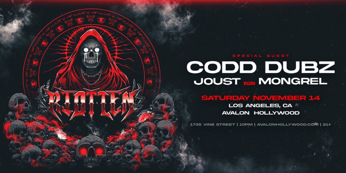 Red and black event flyer showing a hooded skull figure above the Riot Ten logo, with Codd Dubz billed as special guest and the date, venue and 21+ age limit listed