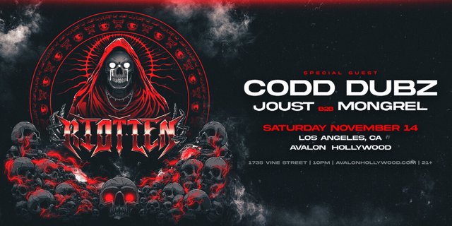 Red and black event flyer showing a hooded skull figure above the Riot Ten logo, with Codd Dubz billed as special guest and the date, venue and 21+ age limit listed