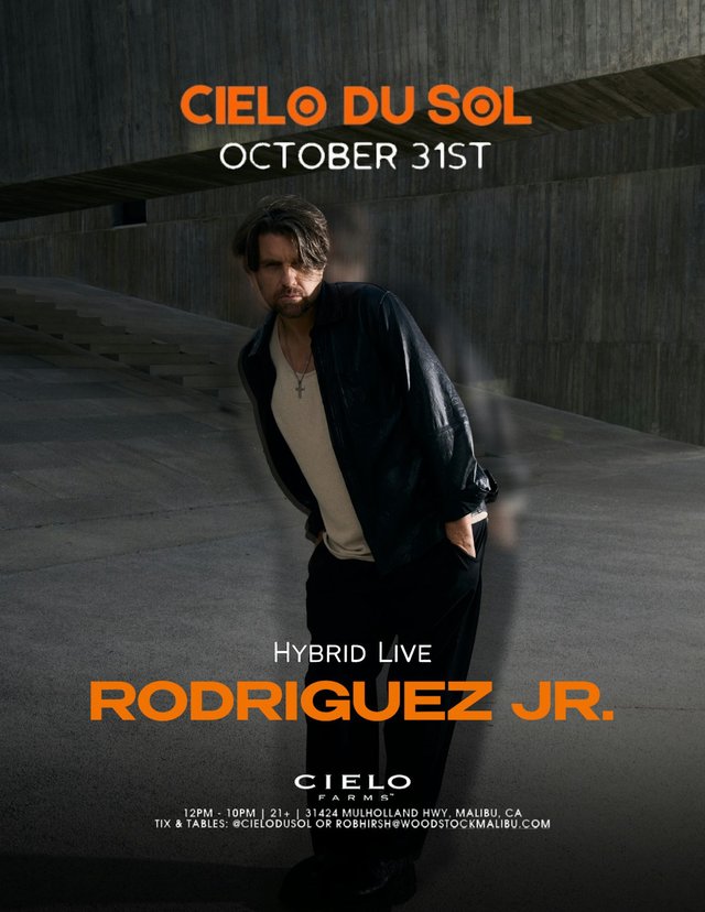 Event flyer for Cielo du Sol on October 31st showing Rodriguez Jr. in a black leather jacket against a concrete wall