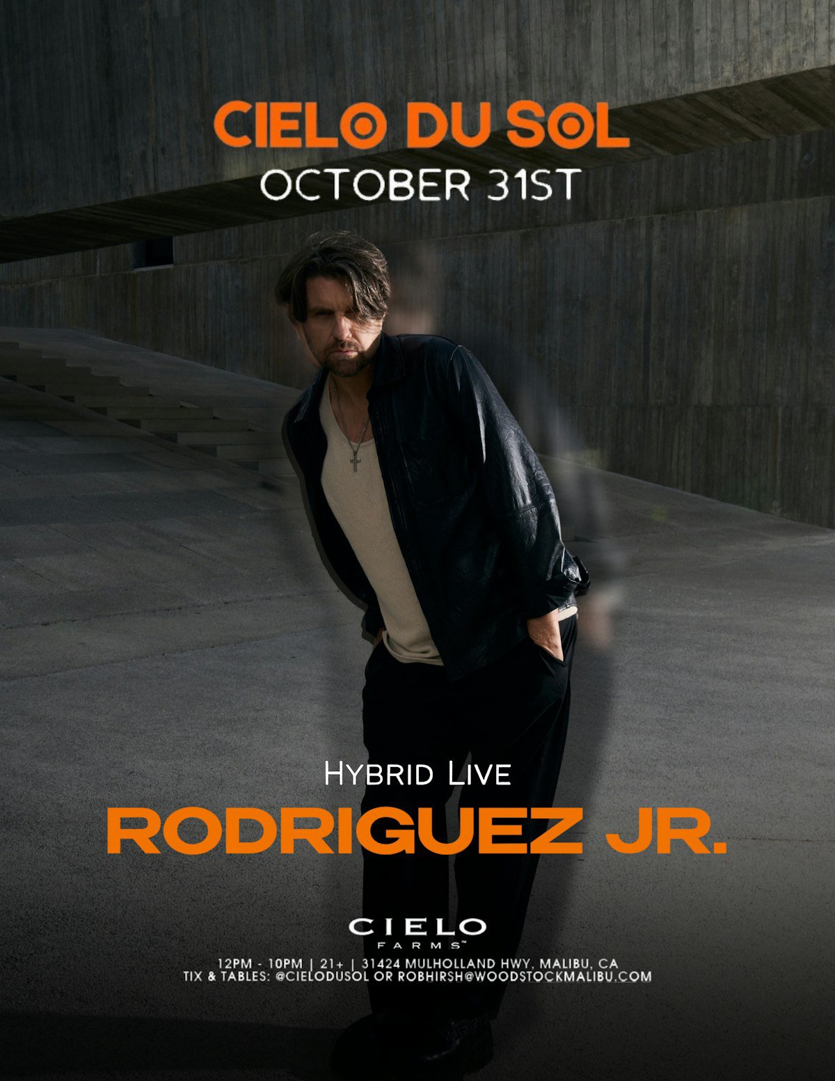 Event flyer for Cielo du Sol on October 31st showing Rodriguez Jr. in a black leather jacket against a concrete wall