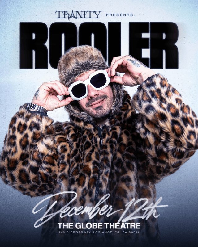 Event poster for Rooler at the Globe Theatre, showing a man in a leopard-print fur coat and hat holding white sunglasses