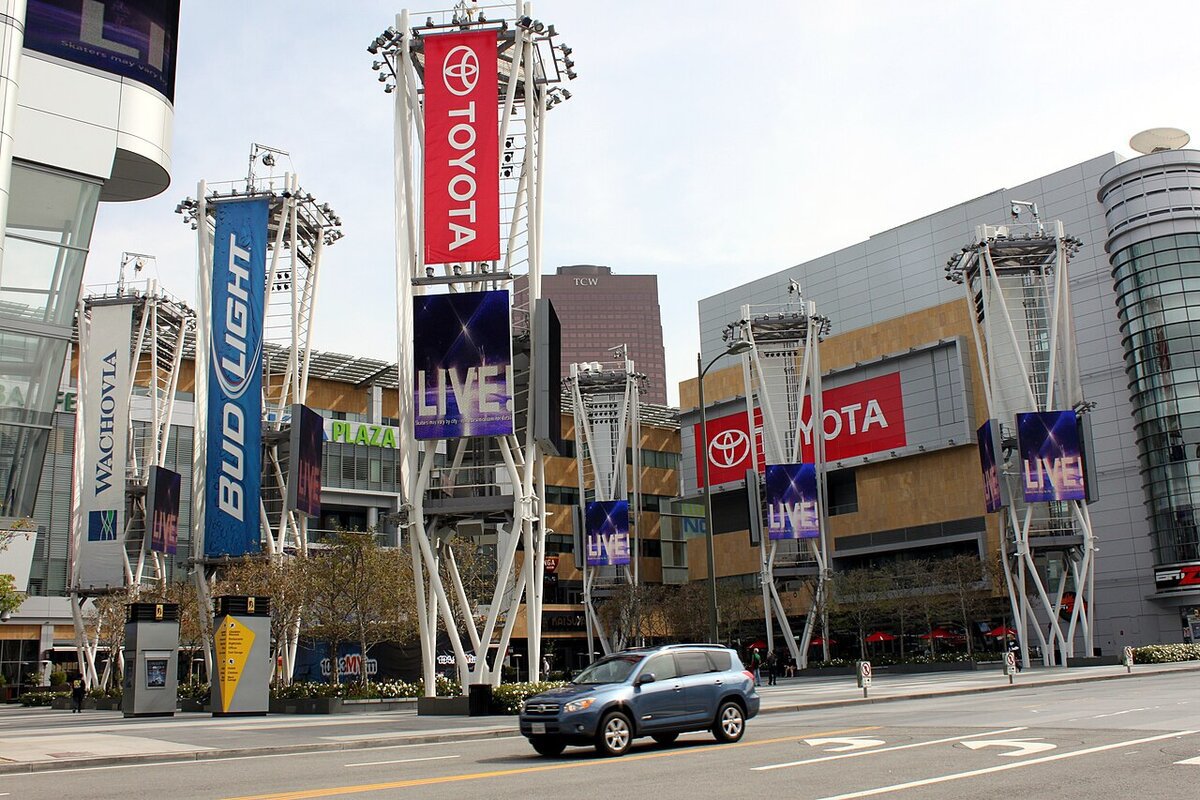 Banner towers and plaza at L.A. Live in downtown Los Angeles, the complex that houses The Novo