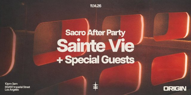 Event flyer with red rounded forms on a dark background, reading Sainte Vie plus special guests at Origin, 11.14.26